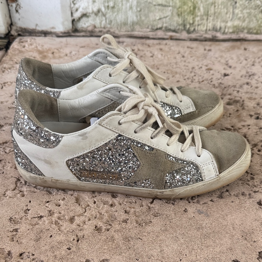 Golden Goose Silver Glitter and Beige Sneakers
